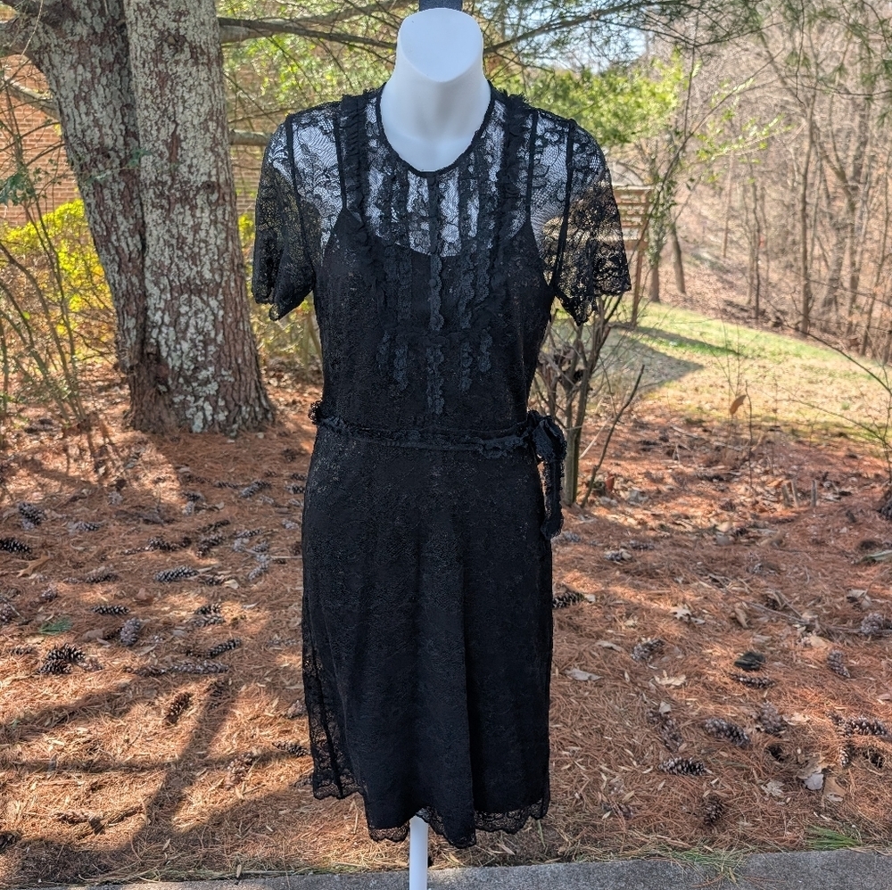 BCBGMAXAZRIA Women's Black Silk Blend Lace Midi Cocktail Dress Size 2